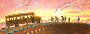 Read at Home - SD Nelson painting of kids heading school bus.